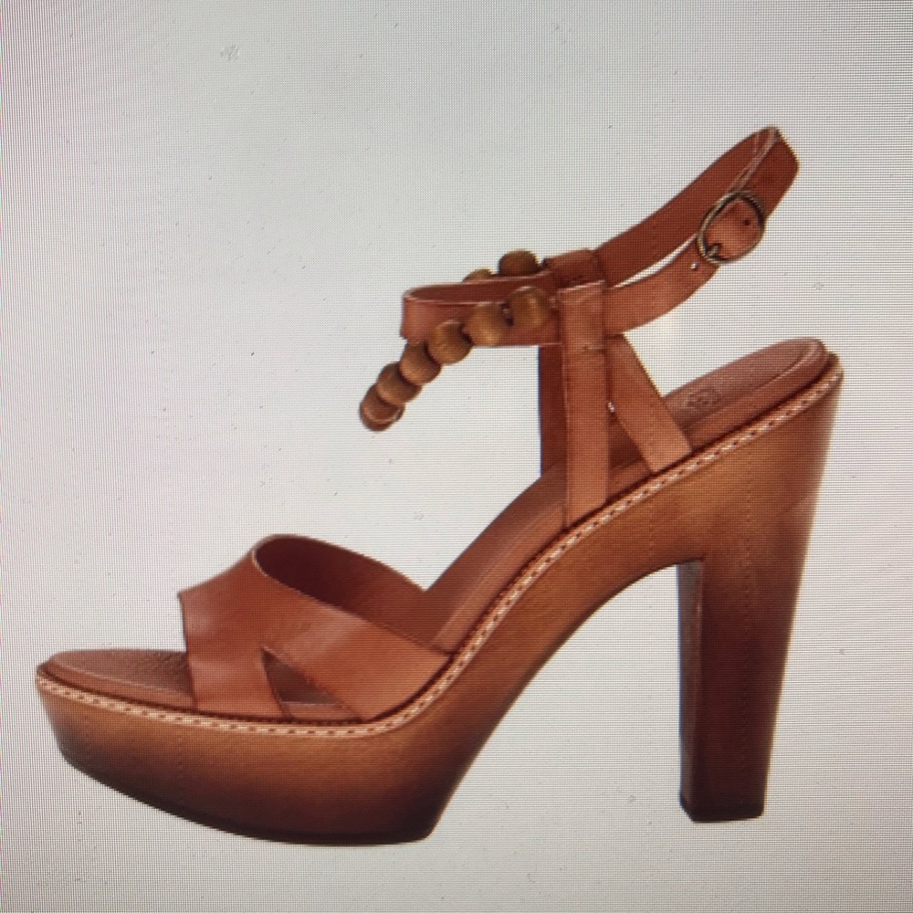 UGG tan nude leather peep toe retro heels wooden platform bead anklet - Picture 3 of 6